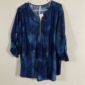 NY Collection Blouse Womens 2X Blue NWT Abstract Zip Roll-Tab WNKU22242